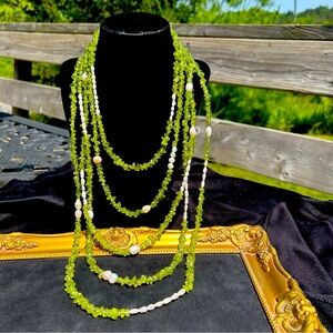 Five Strand Peridot Chip and Freshwater Pearl Necklace
